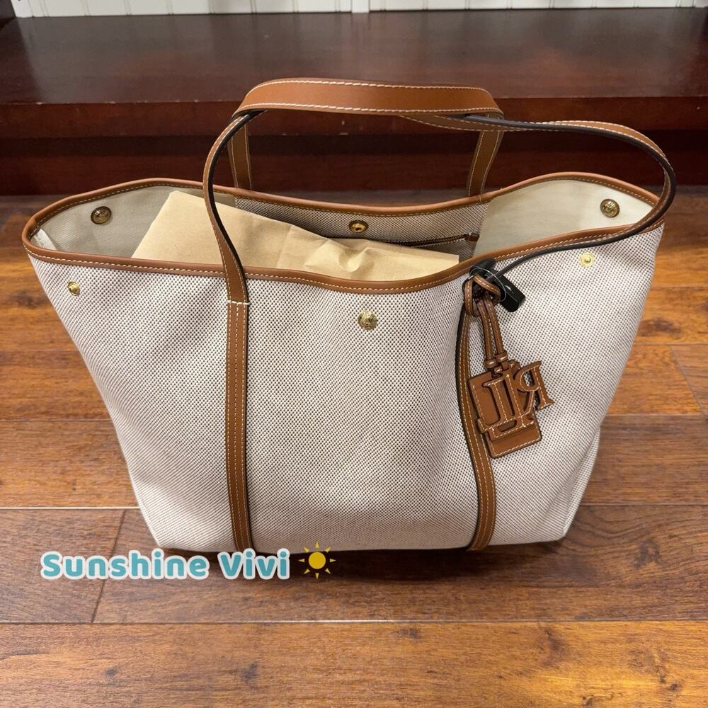 NWT Lauren Ralph Lauren Canvas & Leather Emerie Extra Large Tote Bag Lauren Tan